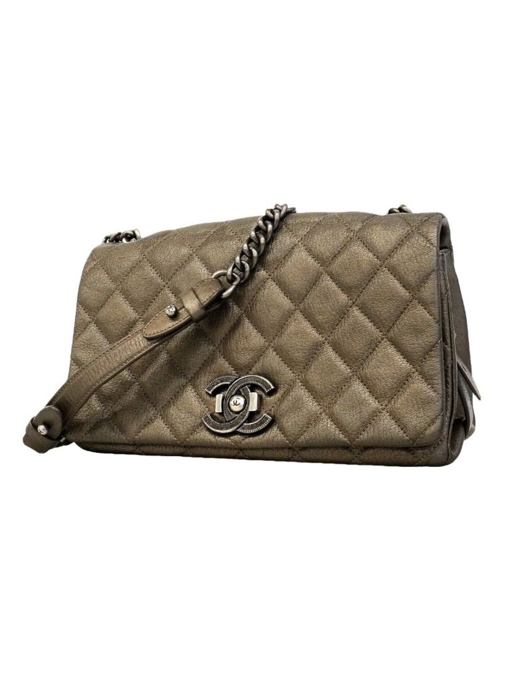 Chanel Shoulder Bag Quilted Leather Gray Silver
